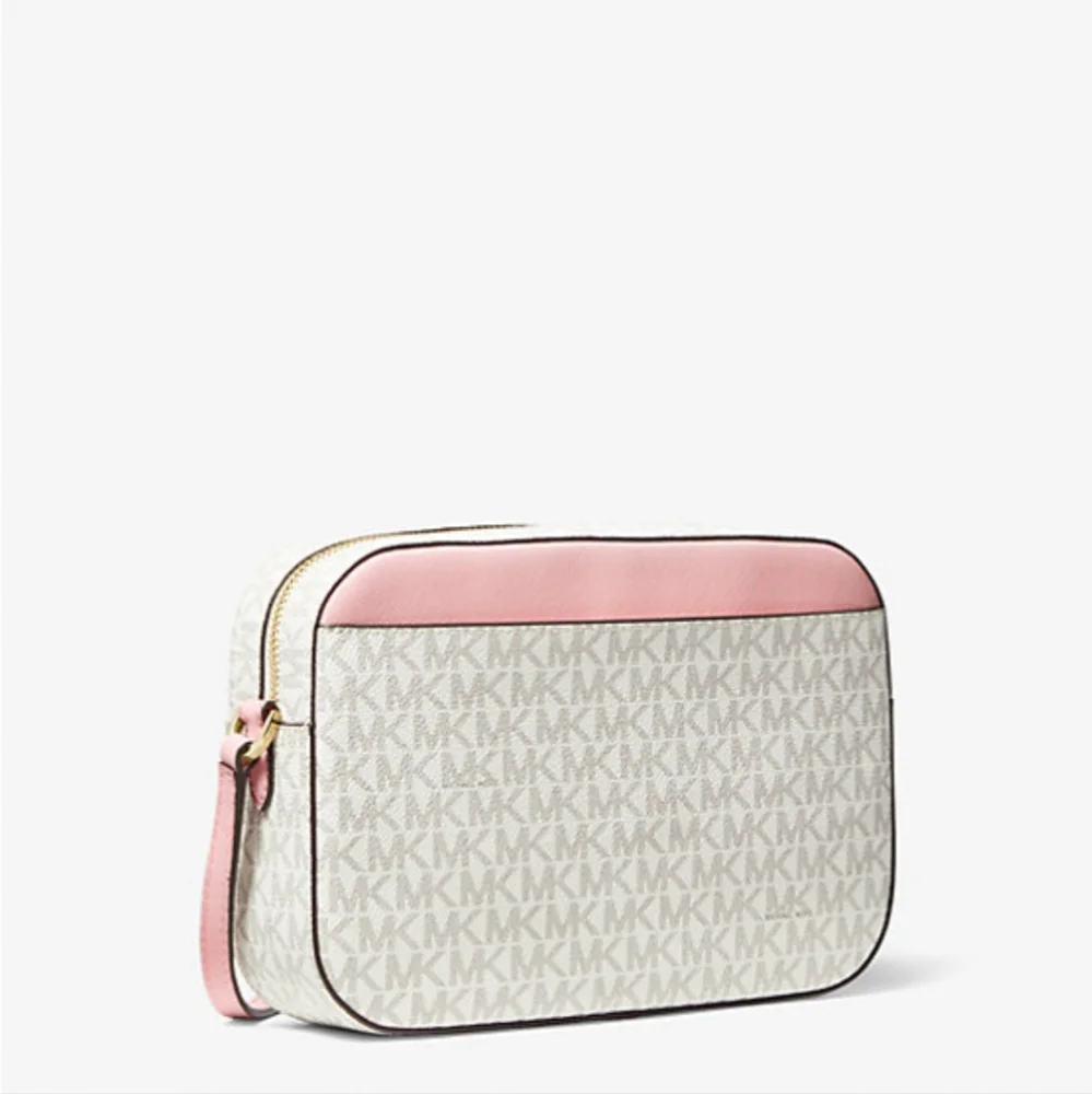 NWT Michael Kors Jet Set Large Pink White Logo Coated Canvas Crossbody Bag Purse - Picture 12 of 13